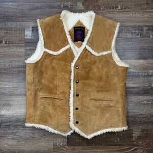 Vintage Grande Bay Suede Leather Vest Mens Medium Brown Sherpa Lining Cowboy